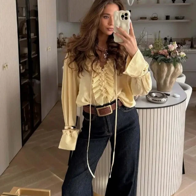 Nigikala Nigikala For Women's Clothing INS Bursts Of Retro Cuff Neckline Lotus Loaf Side Draw Rope Long-Sleeved Shirt +