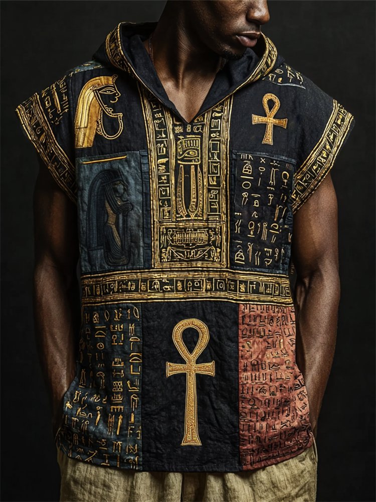 Men's Ankh Ancient Egyptian Embroidered Colorblock Hooded Linen Tank