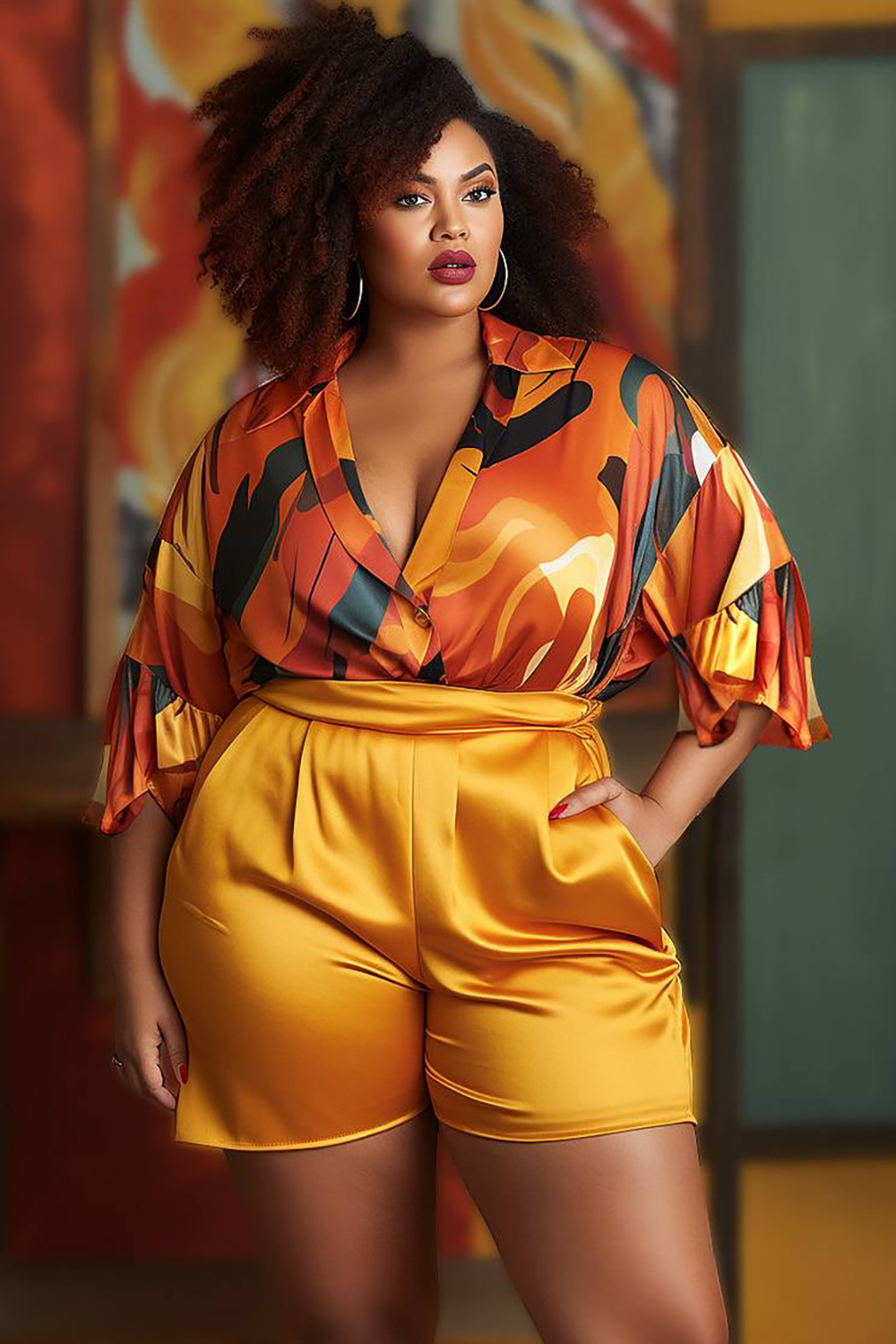 Design Plus Size Semi Formal Elegant Orange All Over Print Spring Summer Turndown Collar Half Sleeve Pocket Satin Two Piece Short Sets [Pre-Order]