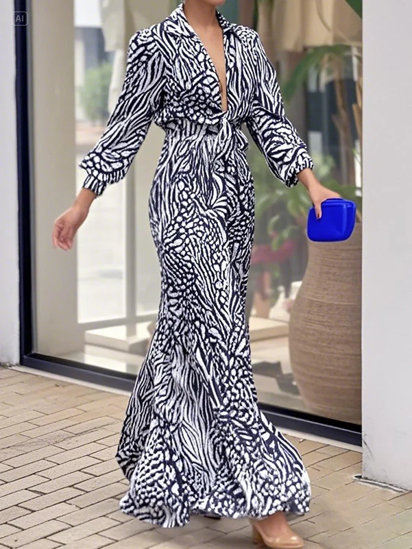 Split-Joint Printed Pleated Wide Leg Puff Sleeves Lapel Jumpsuits