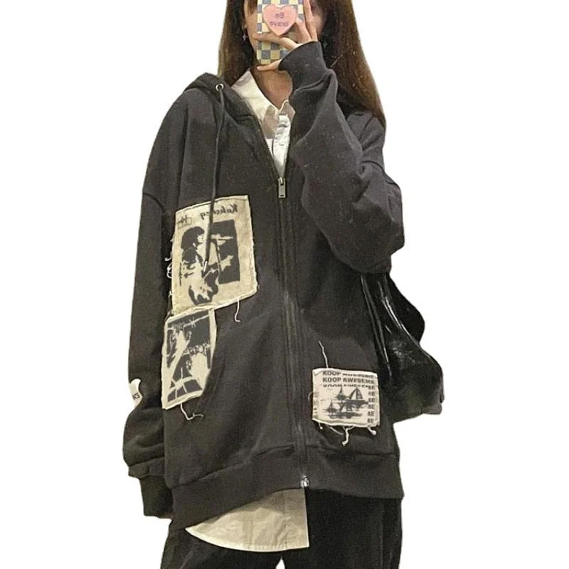 Toloer Womens Street Brown Graffiti Print Zip Vintage Tops Hoodie Sweatshirts Hoodies Kawaii Blouse Grunge Y2k Coats Autumn Jackets