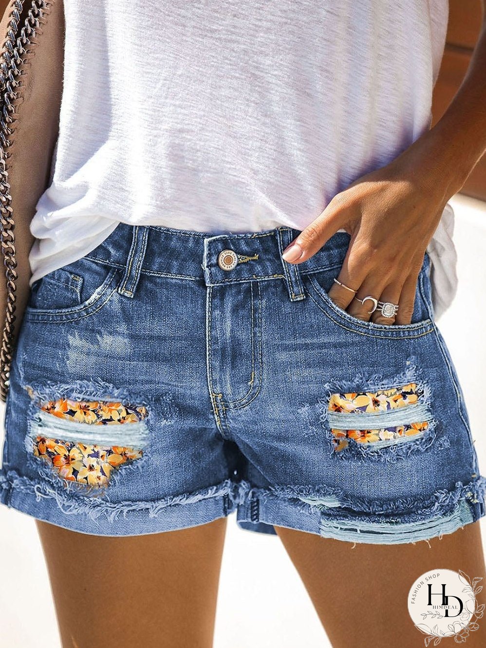 Stylish Distressed Denim Shorts with Floral Applique