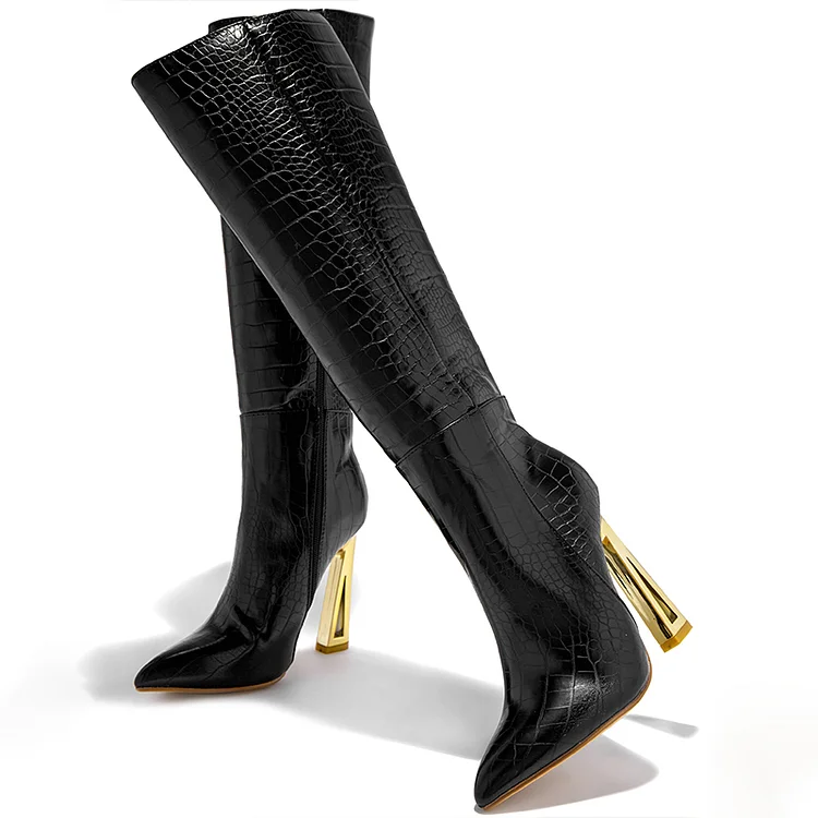 Black Crocodile Embossed Sculptural Heels Fashion Knee High Boots |FSJ Shoes