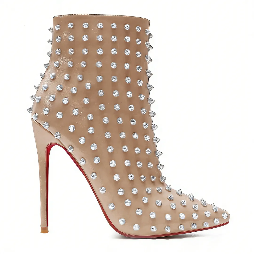 100mm/120mm Women's Ankle Boots with Rivets Closed Pointed Toe Stilettos Red Bottom Boots-vocosishoes