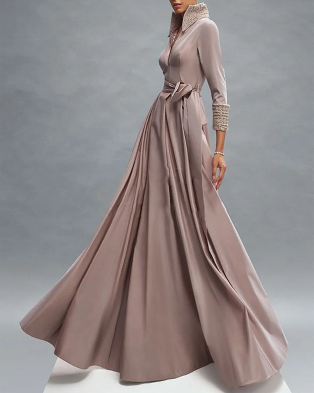 Women' Lapel Solid Color Belted Dress