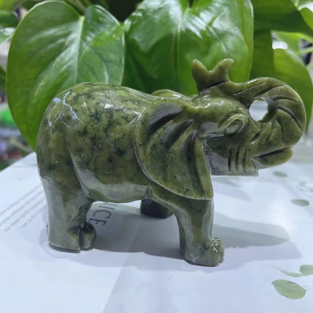 Elephant Statue Natural Stones Green jade Healing Crystals Carved Animal Figurines Room Decor Gem Craft Trinket