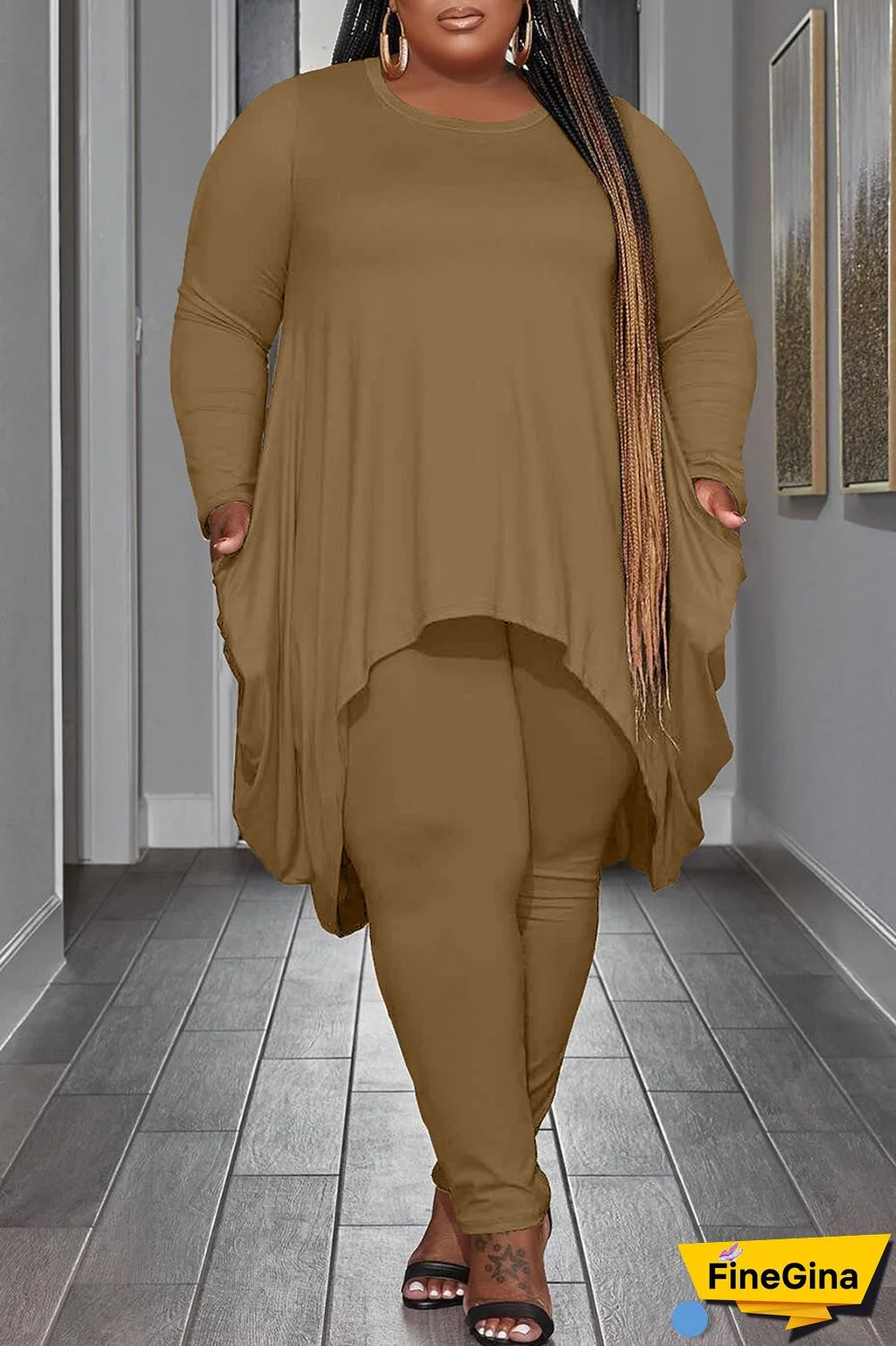 Black Casual Solid Asymmetrical O Neck Plus Size Two Pieces