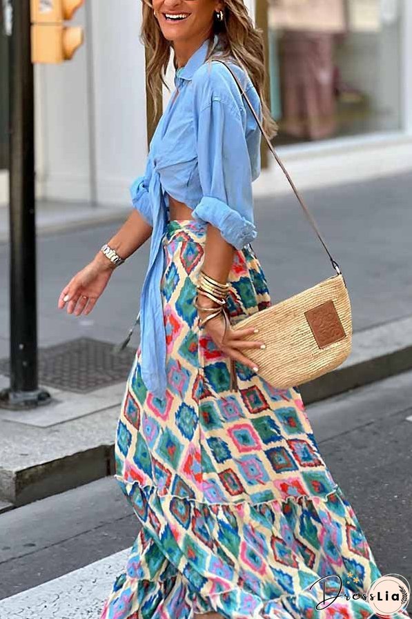 Ethnic Print Drawstring Elastic Waist Maxi Skirt