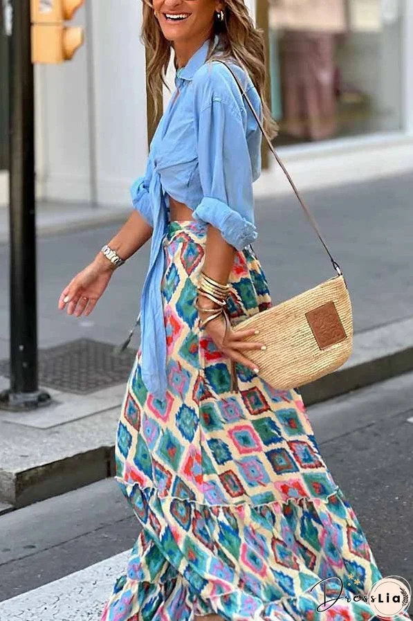 Ethnic Print Drawstring Elastic Waist Maxi Skirt