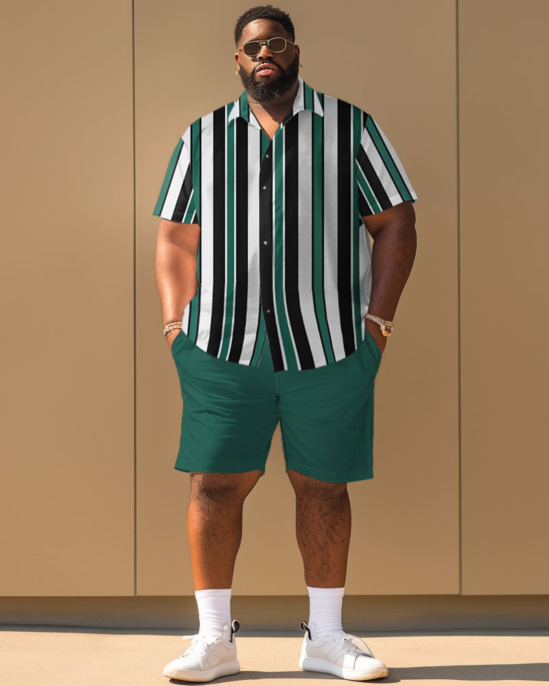 Men's Plus Size Casual Simple Striped Print Short Sleeve Shirt Shorts Suit