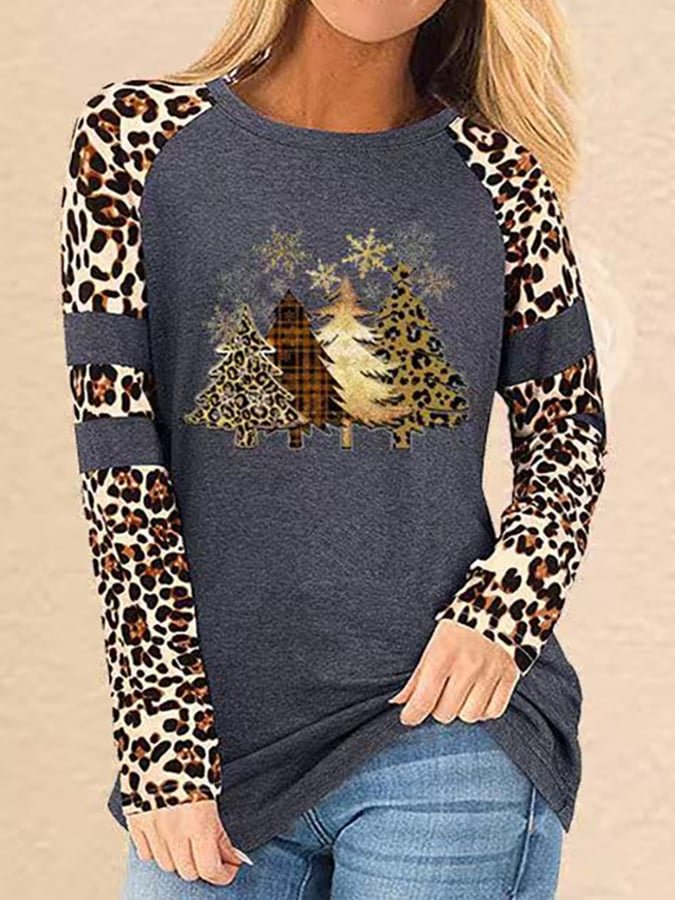 Women's Leopard Christmas Tree Print Panel T-Shirt