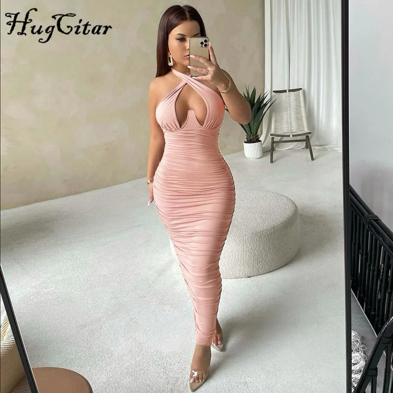 Hugcitar Ruched Sleeveless Halter Hollow Out Bodycon Pleated Floor-Length Dress 2021 Fall Winter Women Fashion Outfit Y2K Slim
