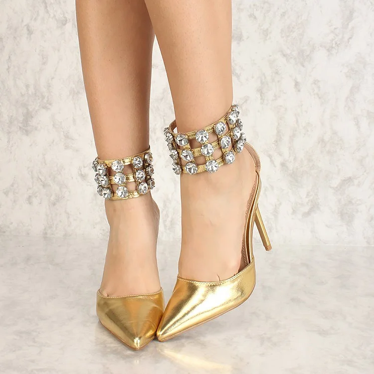 Chic Gold Stiletto Heels Pointy Toe Rhinestone Ankle Strap Pumps |FSJ Shoes