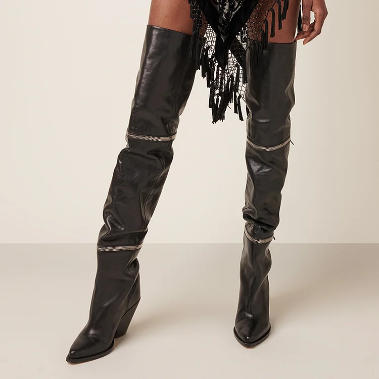 Black Pointed Toe Chunky Heels Women's Classic Thigh High Zipper Boots |FSJ Shoes