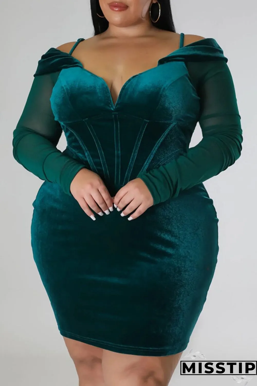 Green Sexy Casual Solid Patchwork Off the Shoulder Long Sleeve Plus Size Dresses