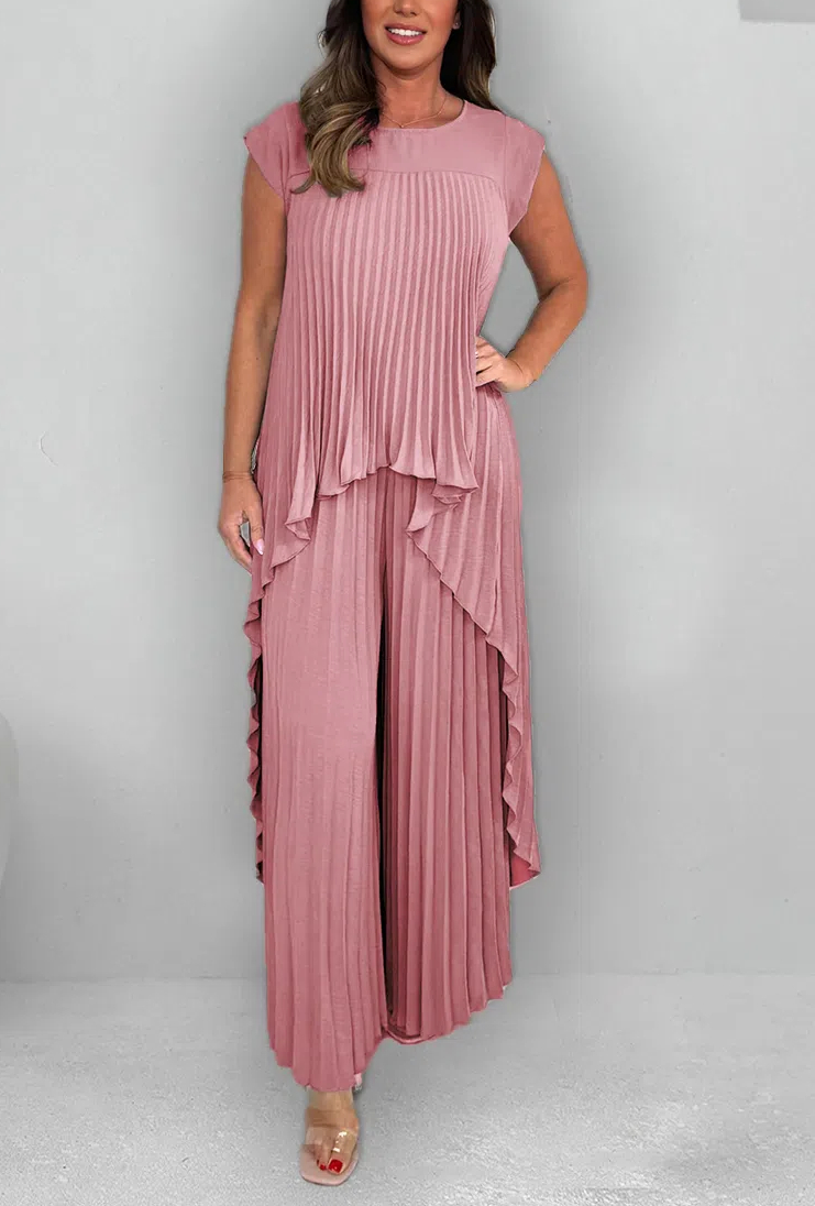 Women's Round Neck Splicing Pleated Irregular Casual Suit