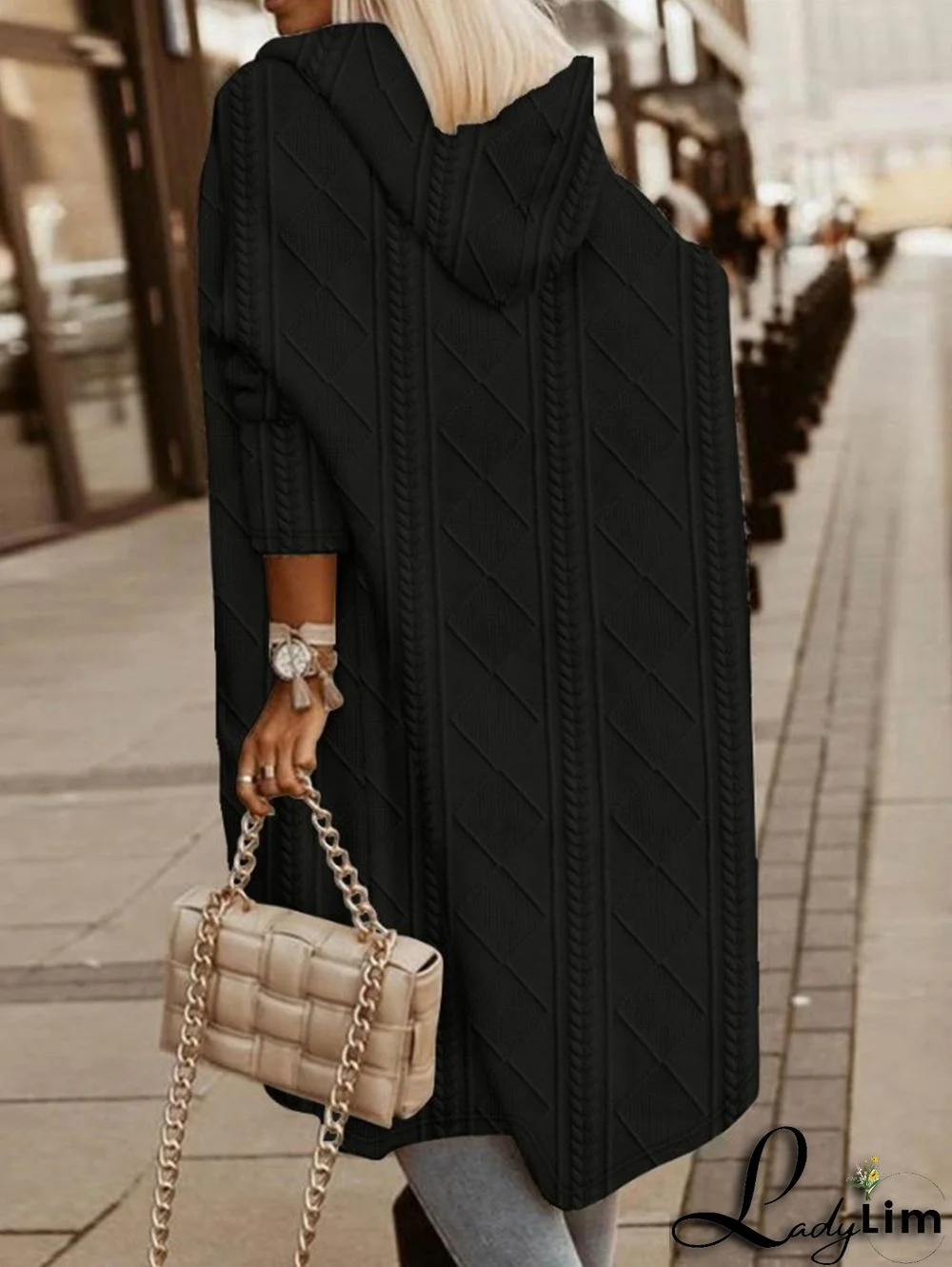 Casual Twisted Texture Hooded Knee Length Sweater Coat