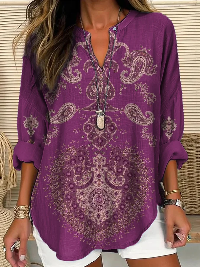 Ethnic Bohemian Floral  Women's Casual Linen Blend Shirt