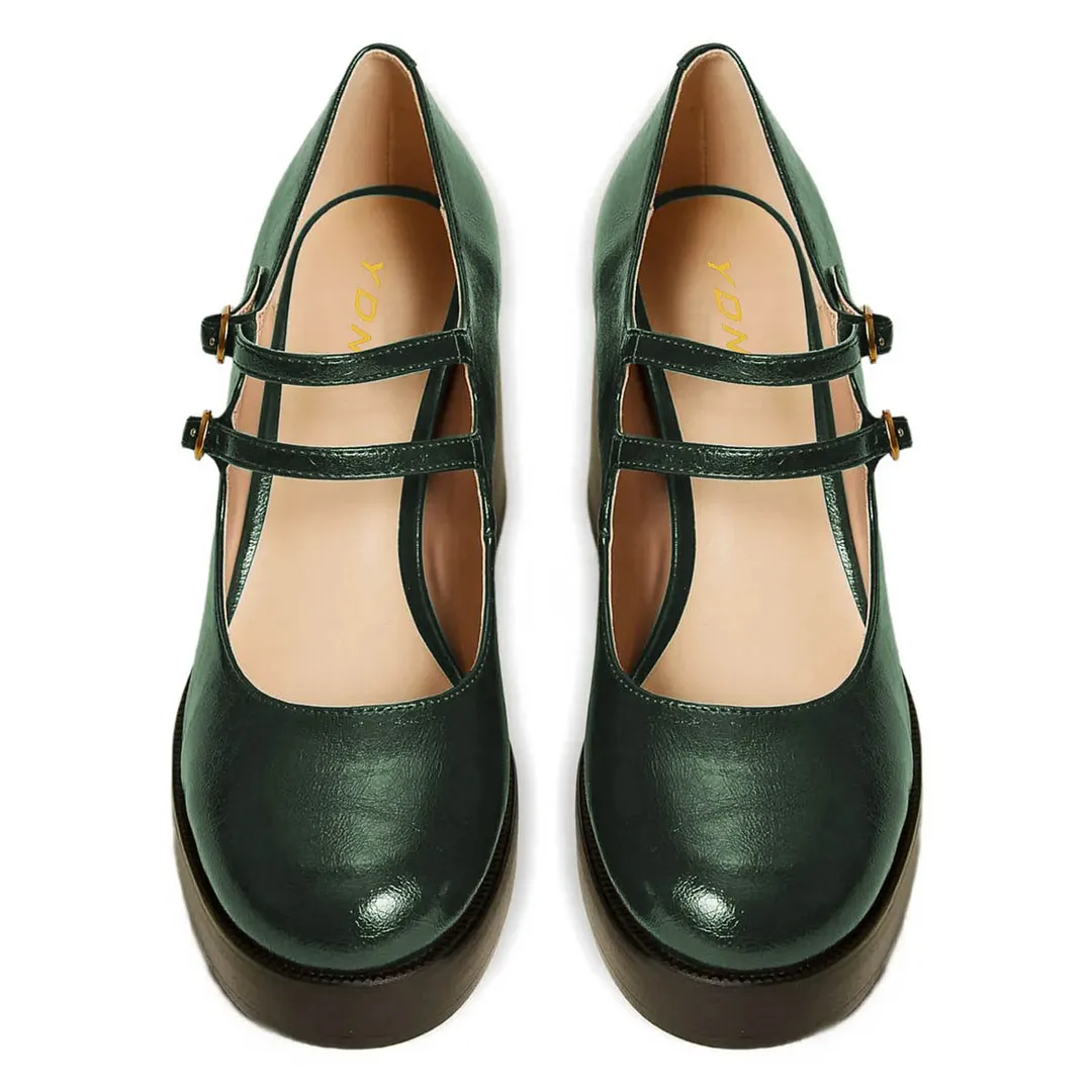 Green Round Toe Platform Double Strap Mary Jane Heels with Buckle
