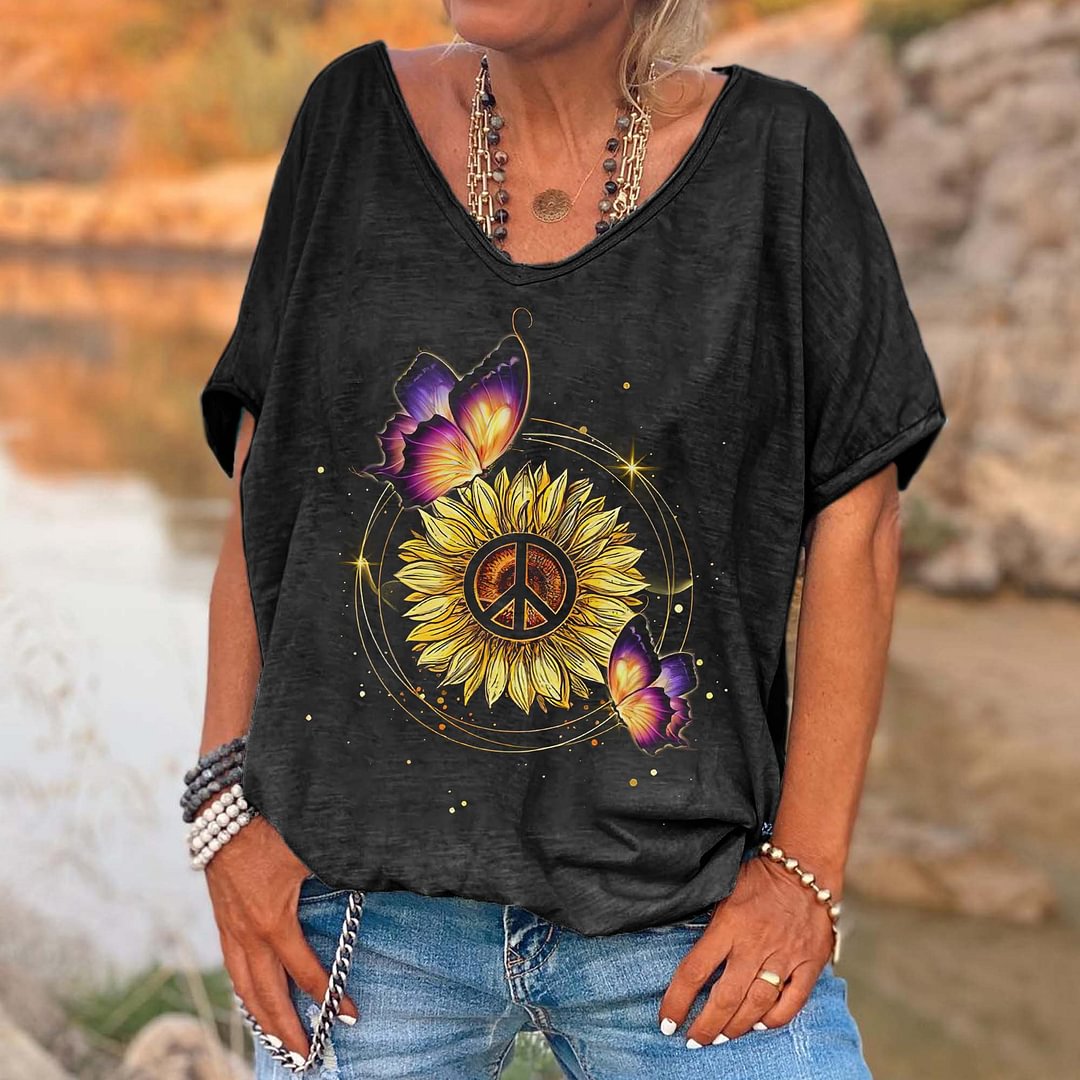 Sunflower Peace Printed Hippie T-shirt