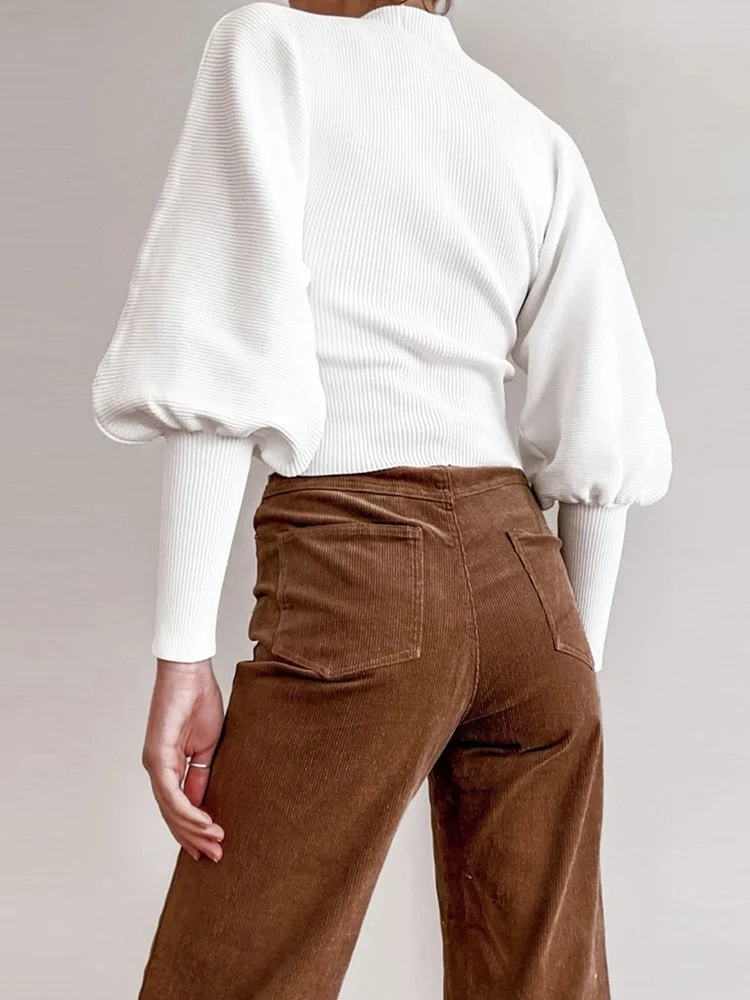 Simplee Autumn winter knitted sweater High collar Lantern Sleeve loose women's sweater High street fashion pullover 2020 jumper