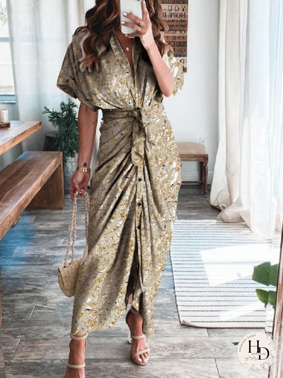 Dresses Textured Print Pleated Lace-Up Short Sleeve Dress for Women