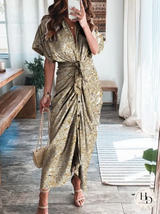 Dresses Textured Print Pleated Lace-Up Short Sleeve Dress for Women