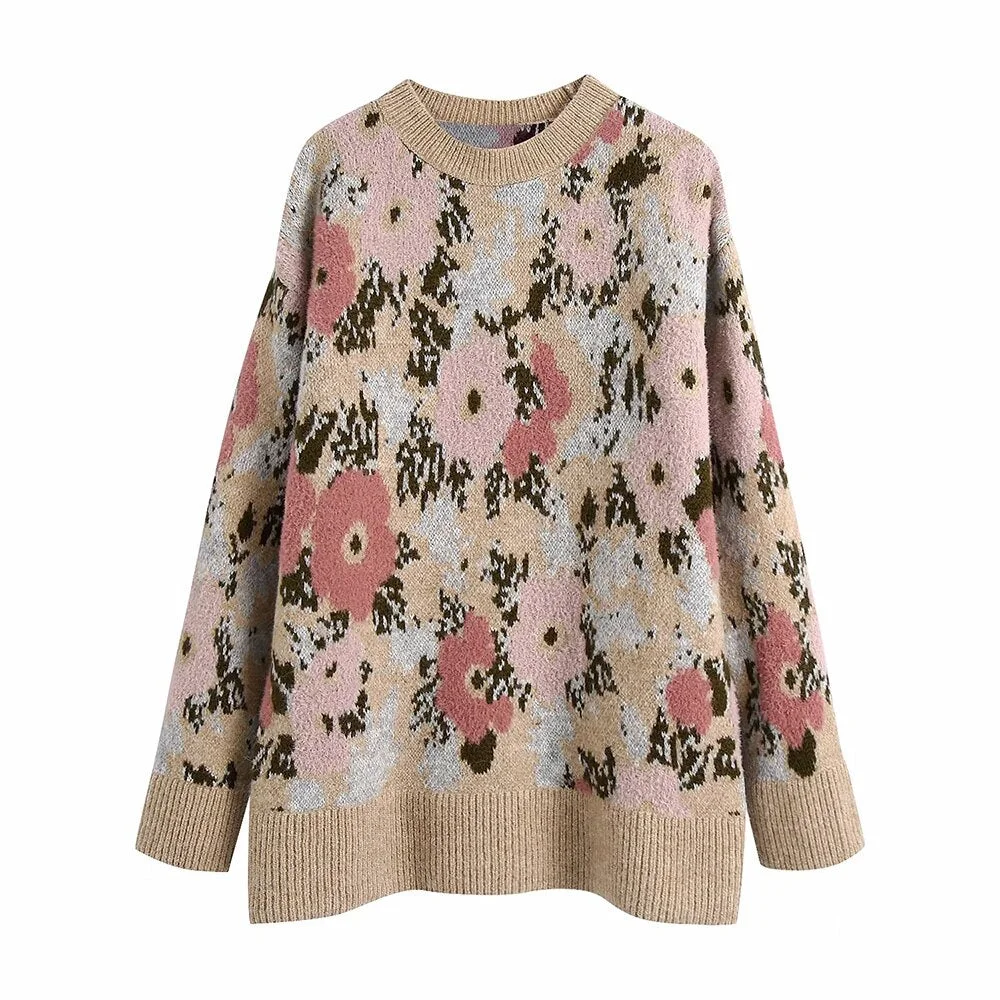TRAF Women Fashion Oversized Floral Jacquard Knitted Sweater Vintage O Neck Long Sleeve Female Pullovers Chic Tops