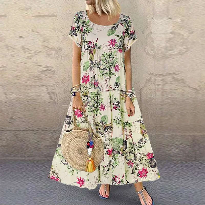 ZANZEA 2022 Summer Dress Women Vintage Floral Printed Short Sleeve Sundress Ladies Bohemian Party Long Vestido Robe Loose Dress