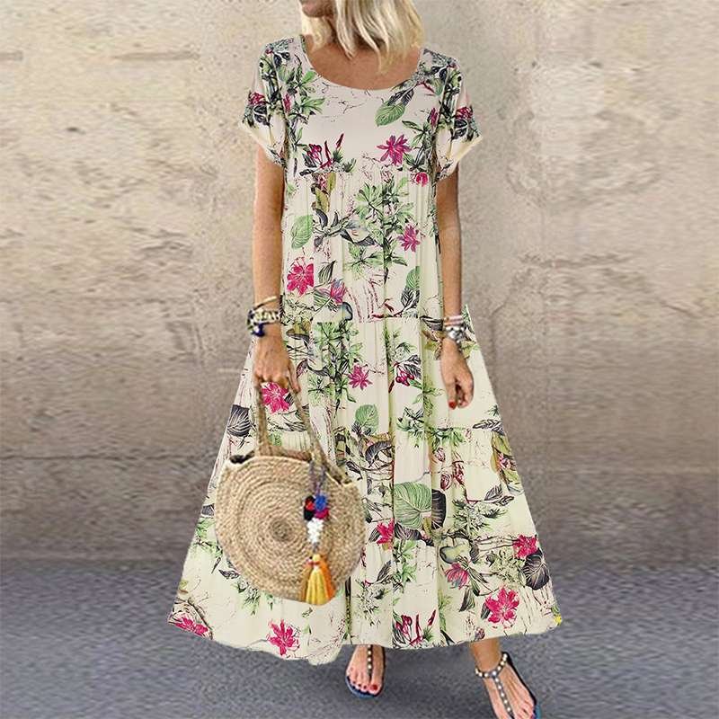 ZANZEA 2022 Bohemian Printed Maxi Dress Women's Summer Sundress Vintage Casual Short Sleeve Tunic Vestidos Female Floral Robe
