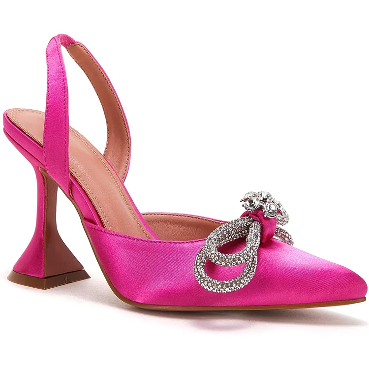 95mm Womens Heeled Sandals Point Toe Slingback Rhinestones Bowknot Crystal Party Wedding Dressy Shoes VOCOSI VOCOSI