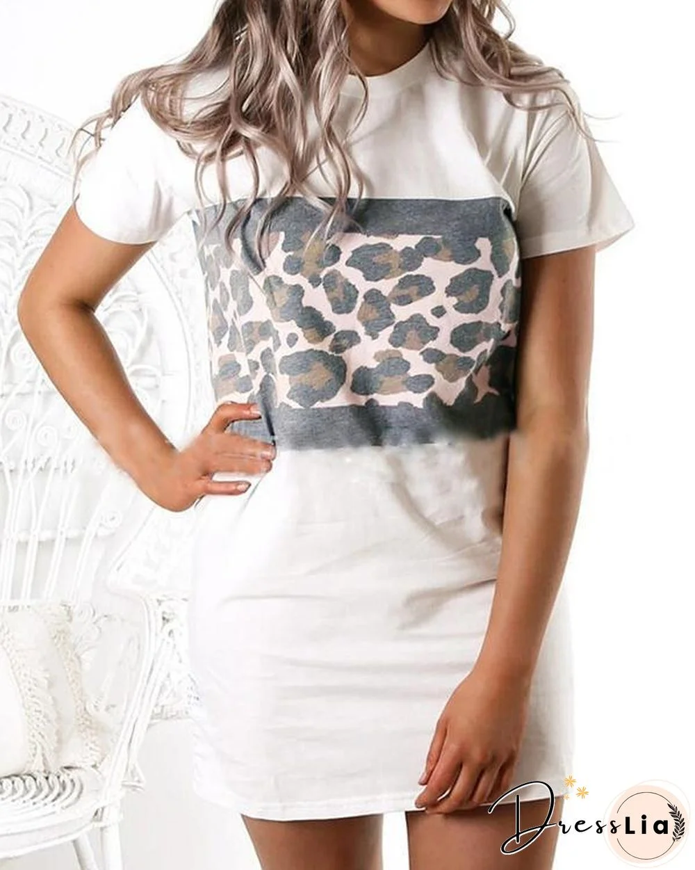 Round Neck Leopard Stitching Short Sleeve Casual Straight Dress