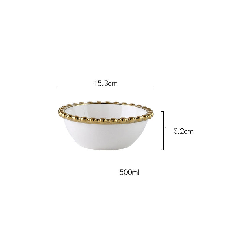 Light Luxury Style Phnom Penh Pearl Point Ceramic Bowl Plate Tableware Household Western Food Plate Steak Plate Fruit Salad Bowl Dessert Bowl