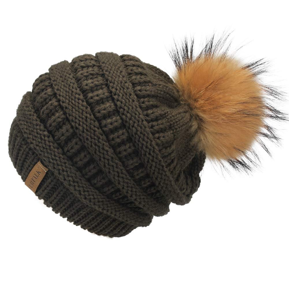 Warm Skull Ski Cap Faux Fur Pom Pom Hats for Women