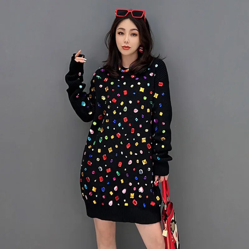 Round Collar Long Sleeve Knitting Dress For Women Autumn Female Fashion Trendy Elegant New Dresses 