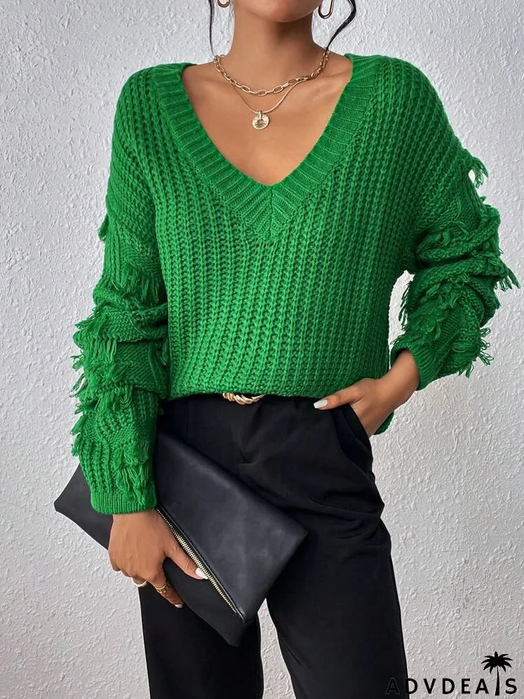 Fringe Trim Drop Shoulder Sweater