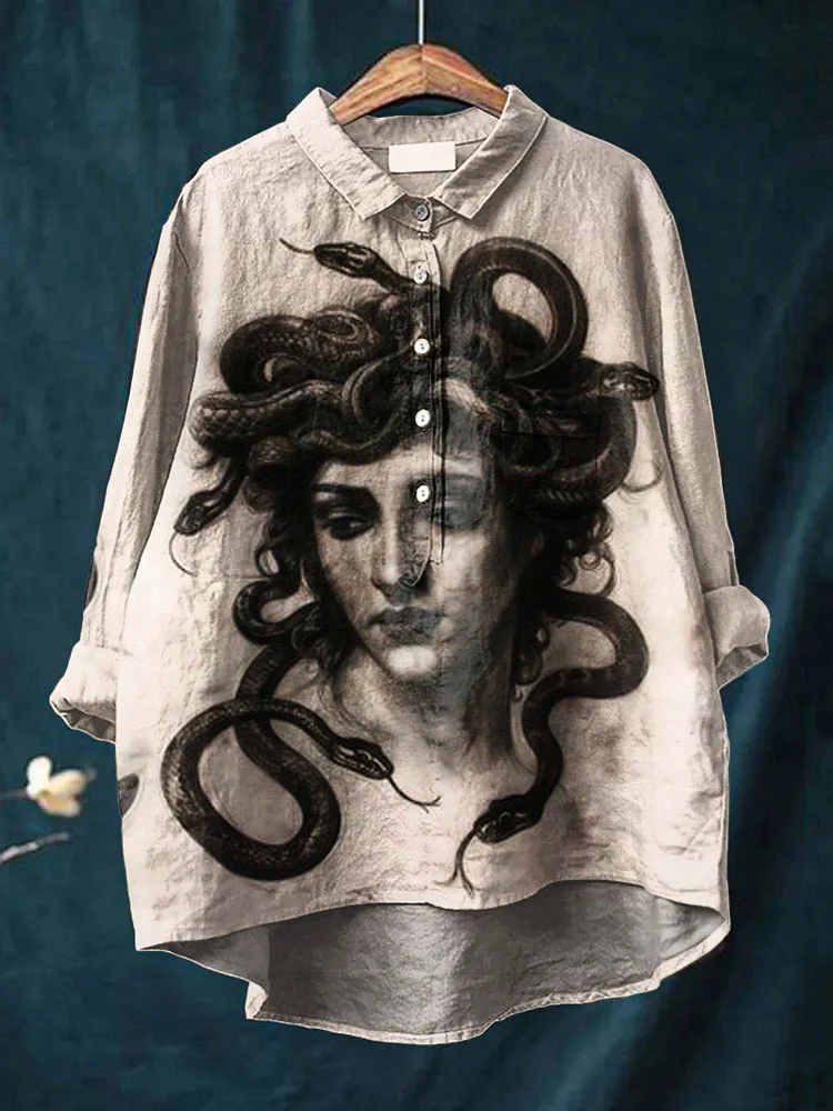 Women's  Medusa Art  Print Casual Cotton And Linen Shirt