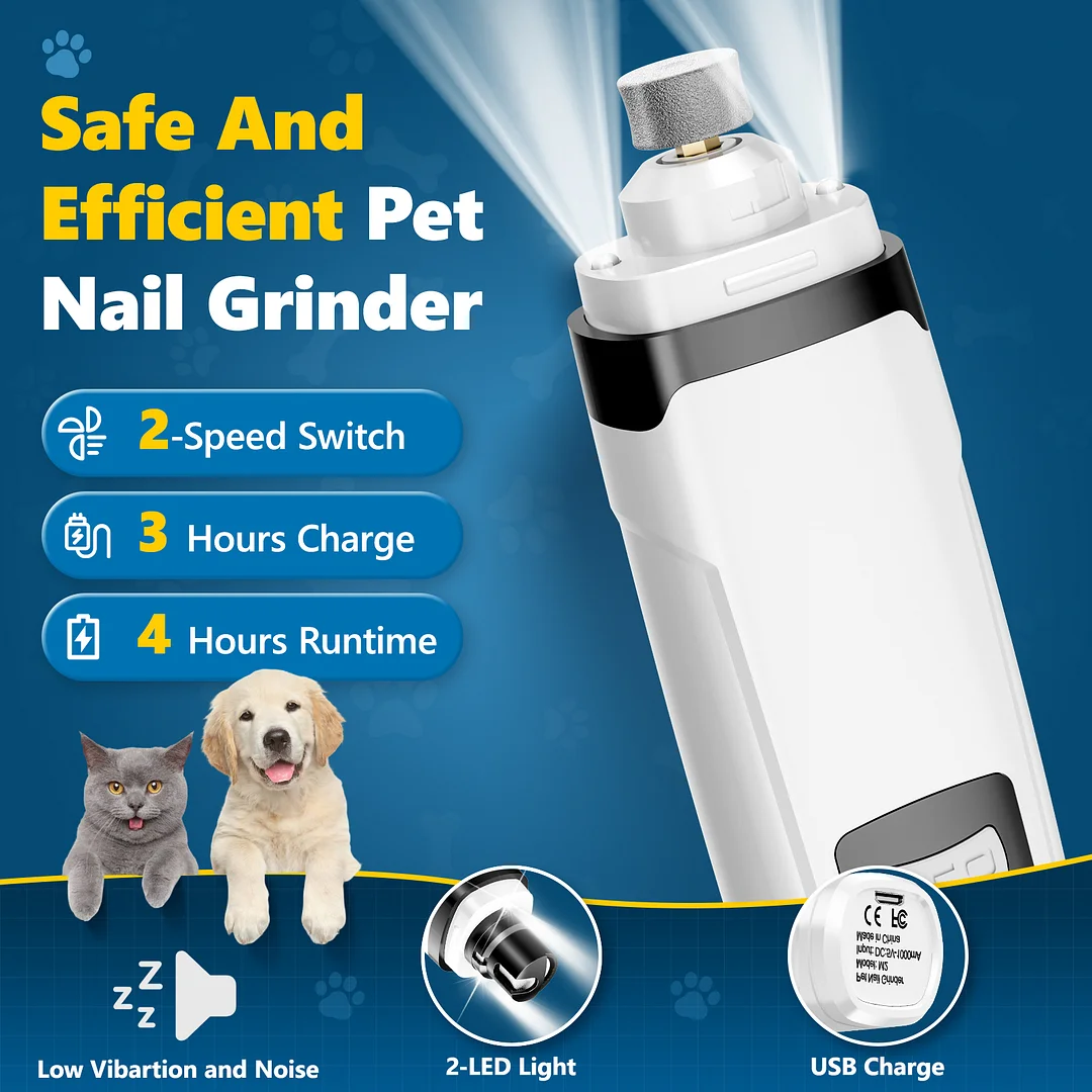 BEBANG Dog Nail Grinder, 2 LED Lights, Super Quiet and Low Vibration Electric Dog Nail Trimmers for Small Medium Large Dogs & Cats