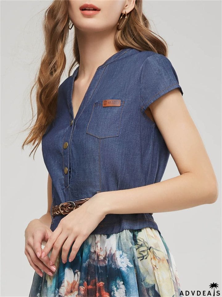 Women's Elegant Ink Flower Denim Chiffon Splicing Dress with Belt