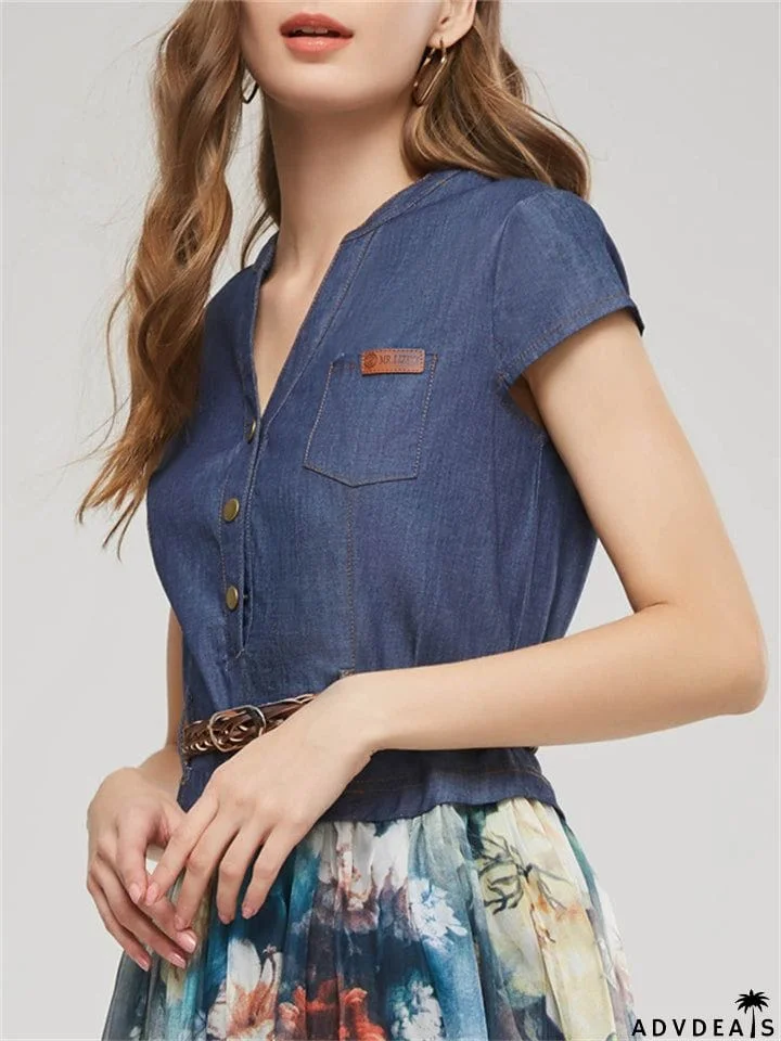 Women's Elegant Ink Flower Denim Chiffon Splicing Dress with Belt