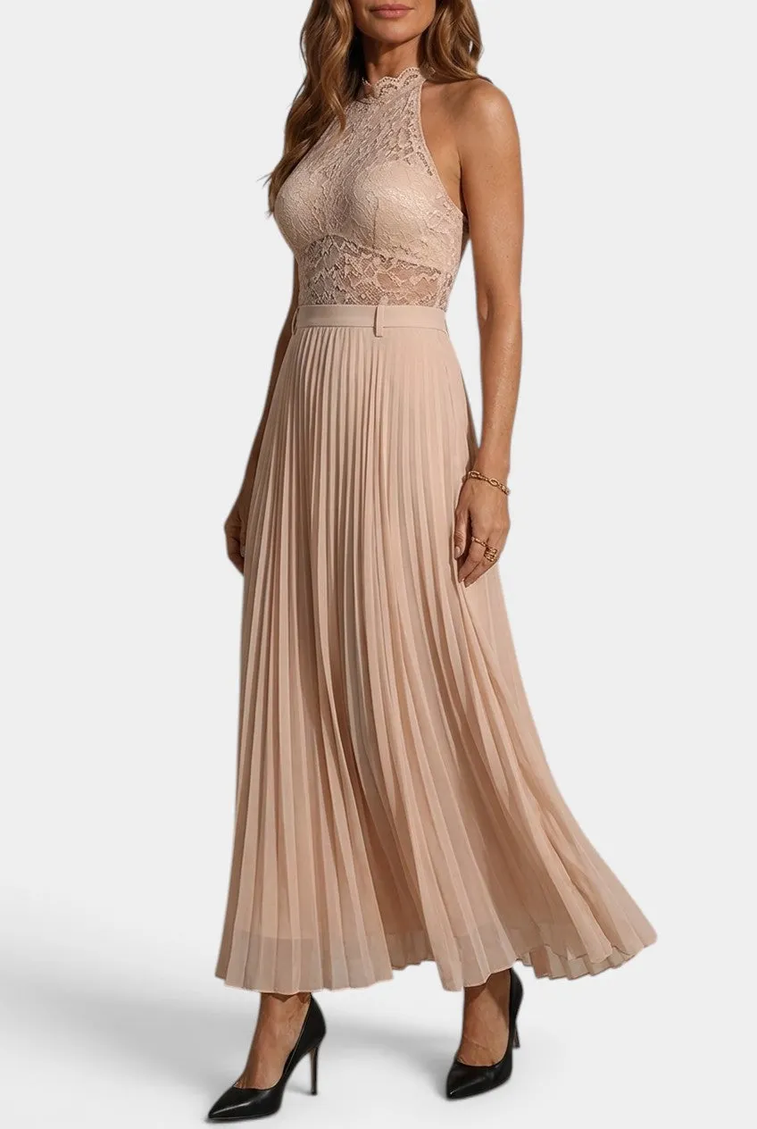 Halter Lace Top with Pleated Maxi Skirt Set