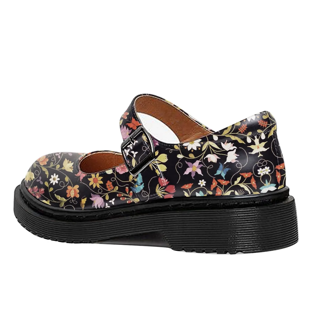 Colorful Floral Printed Vegan Leather Round Toe Black Mary Janes 