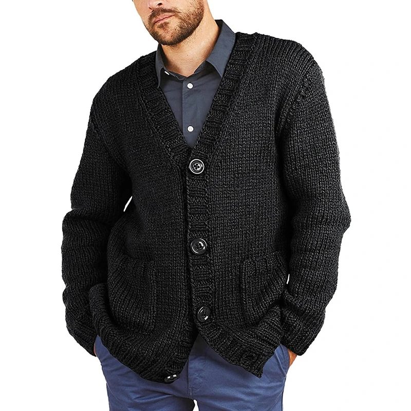 Sweater Cardigan Men's Solid Color V-Neck Long Sleeve Knitted Coat - VSMEE