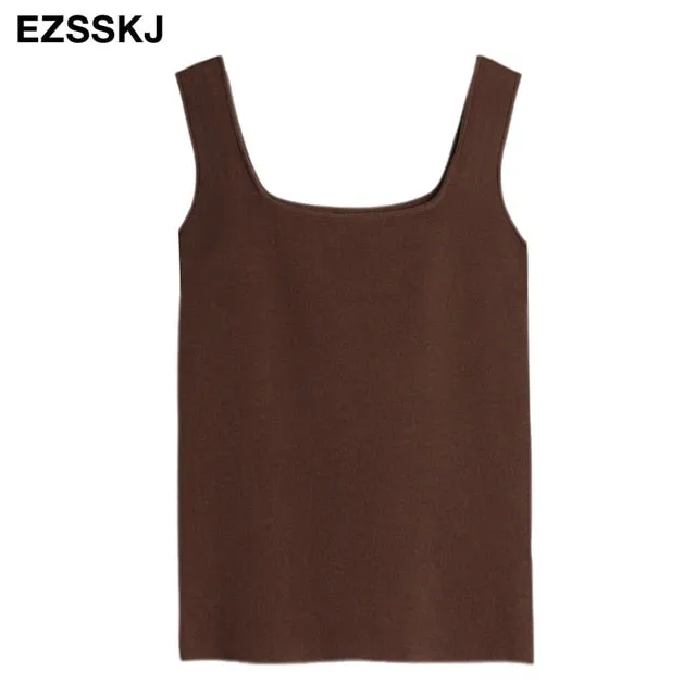 high quality chic basic U-NECK Summer white knit Women tank top sexy sleeveless t-shirt  vintage top casual crop top t shirt