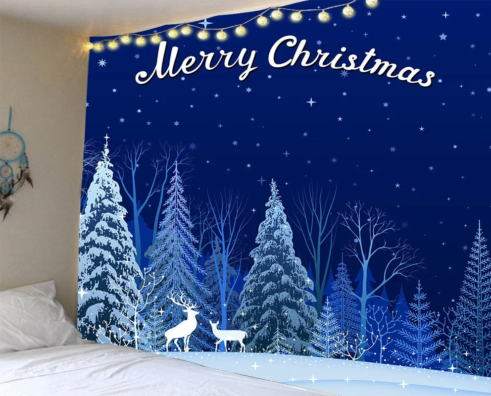Christmas Green Tree Tapestry Home Wall Hanging Cloth Festival Elk Background Cloth Xmas Home Decoration Bedspread Wall Carpet