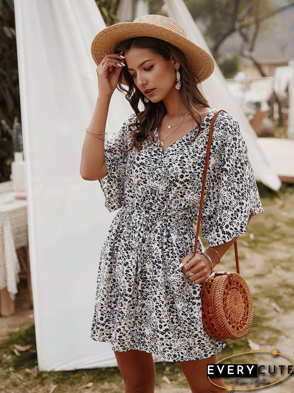 Floral V-Neck Half Sleeve Mini Dress