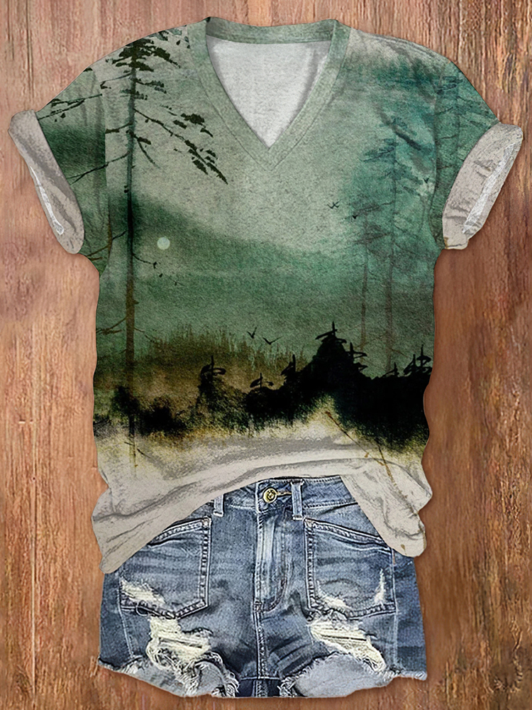 Comstylish Women's Bamboo Mountain Landscape Japanese Art Print Casual T-Shirt