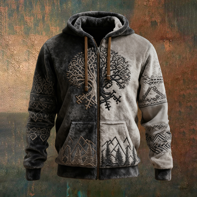 Men's Vintage Viking Tree Of Life And Mountain Art Plush Hoodie elevenforest