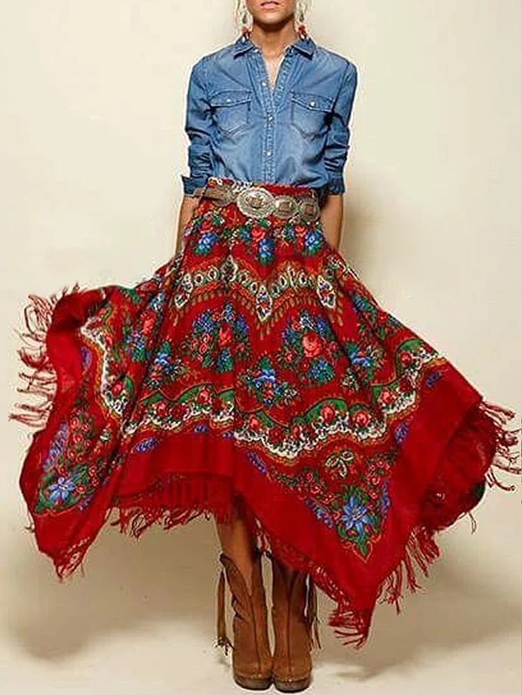 Daily Boho Floral Pattern Tassel Irregular Hem Maxi Skirt