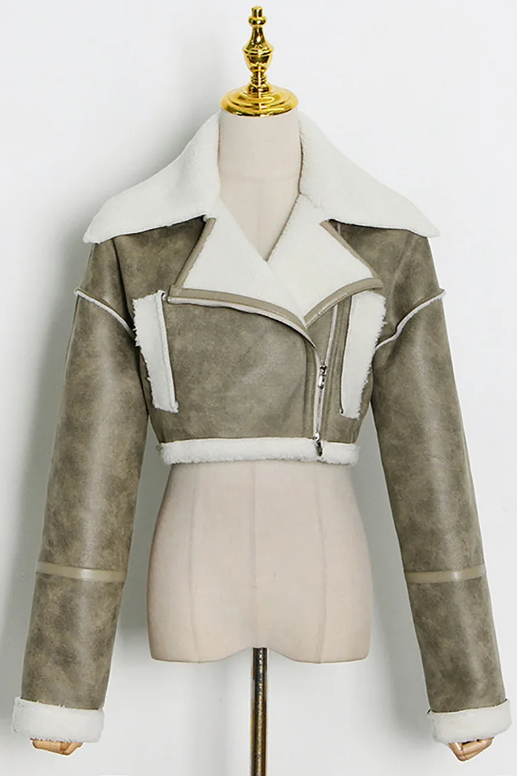 Faux Leather Fur Turndown Collar Crop Jacket
